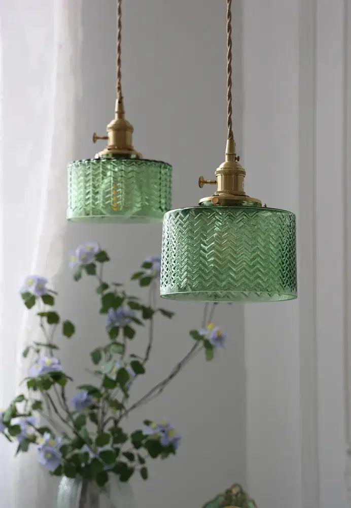 Vintage green & clear glass shade chandelier – dining room pendant