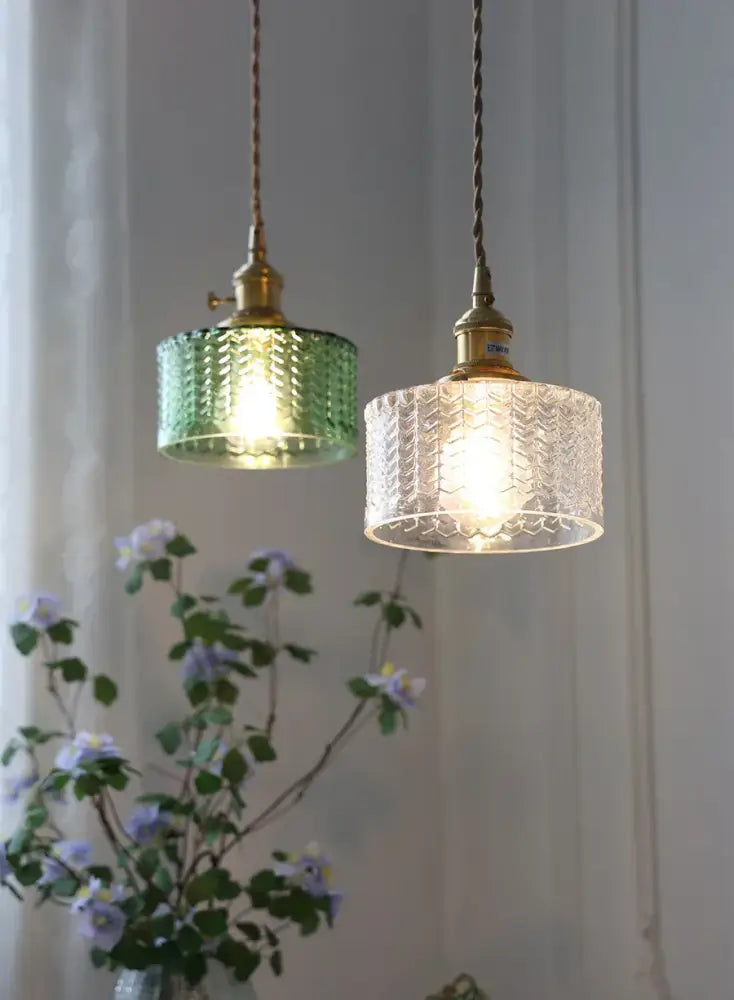 Vintage green & clear glass shade chandelier – dining room pendant