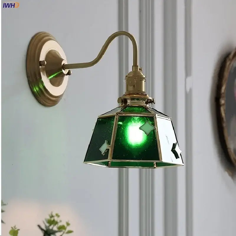 Vintage green glass led wall sconce brass star stair light