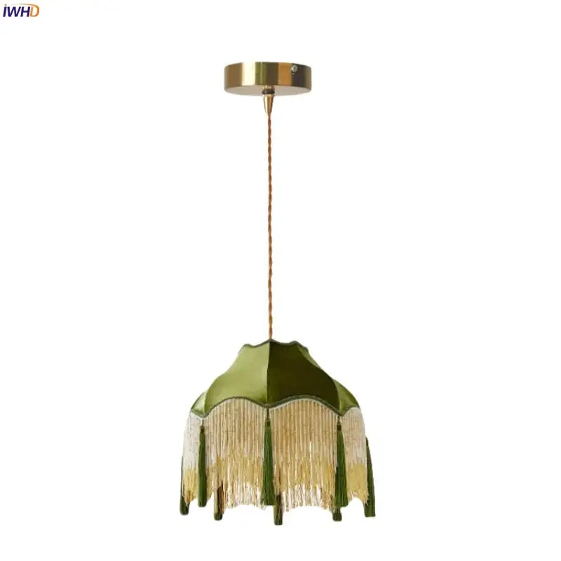 Vintage green velvet tassel pendant light – living room hanging lamp
