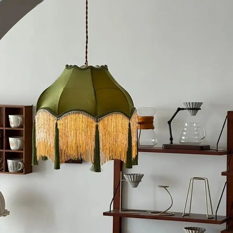 Vintage green velvet tassel pendant light – living room hanging lamp