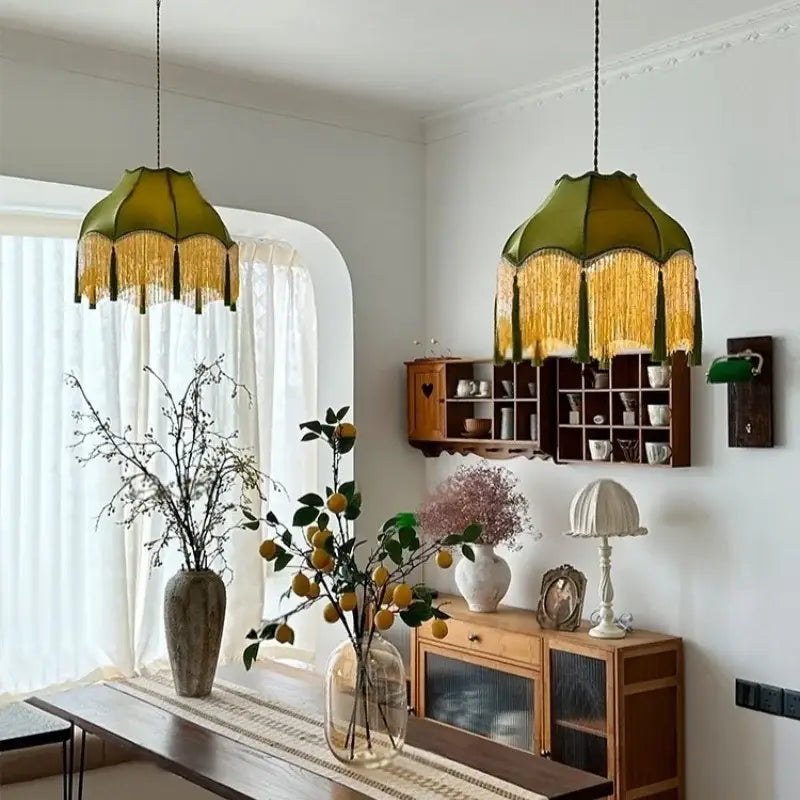 Vintage green velvet tassel pendant light – living room hanging lamp