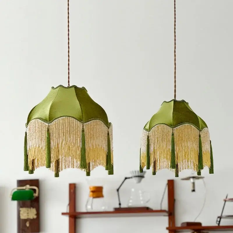 Vintage green velvet tassel pendant light – living room hanging lamp