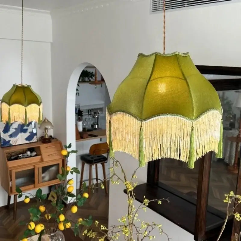 Vintage green velvet tassel pendant light – living room hanging lamp
