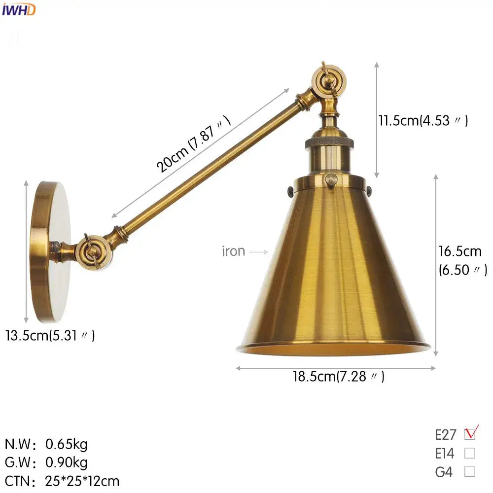 Vintage industrial brass wall lamp bedroom gold swing arm sconce