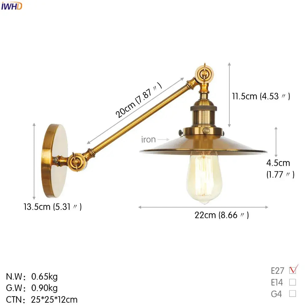 Vintage industrial brass wall lamp bedroom gold swing arm sconce