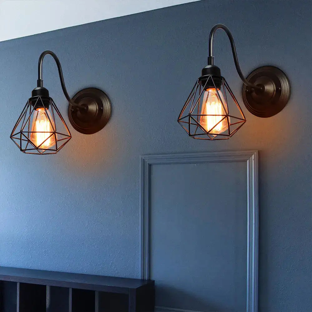 Vintage industrial cage wall lamp bedroom black metal sconce