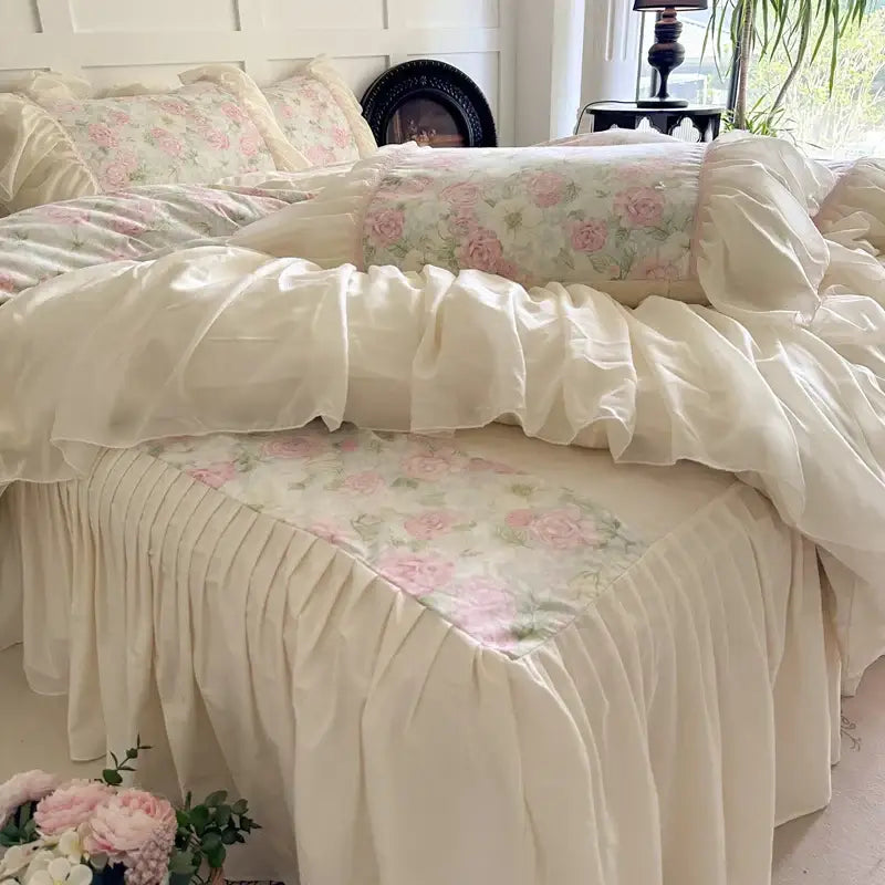 Vintage ivory & pink floral french lace ruffles bedding set bedroom