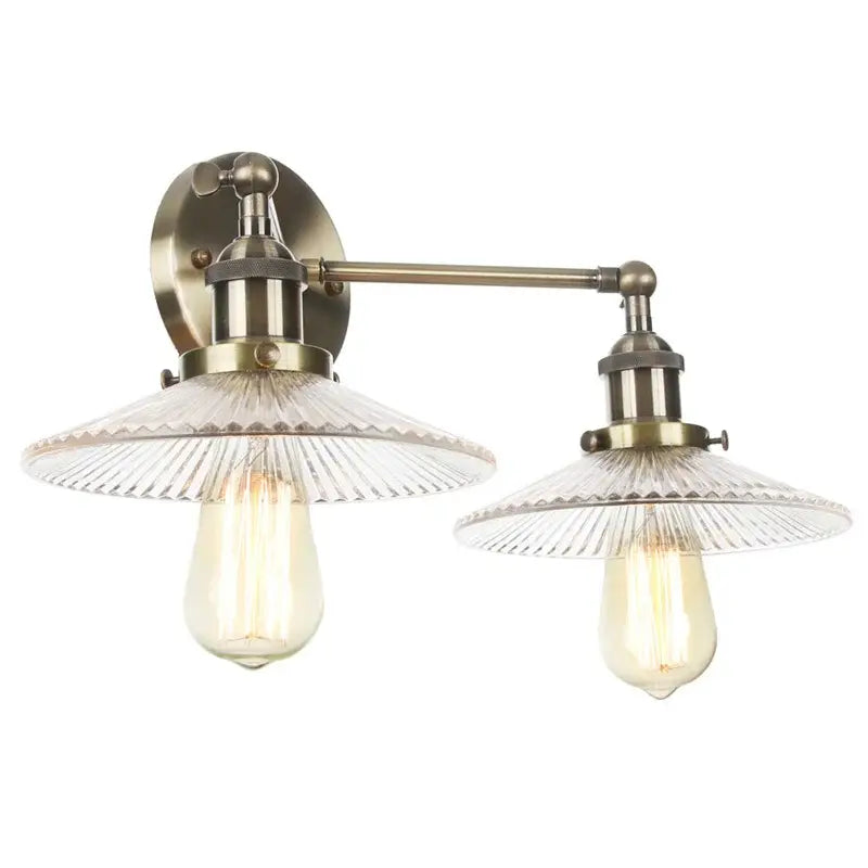 Vintage loft brass wall lamp with ribbed glass for bedroom