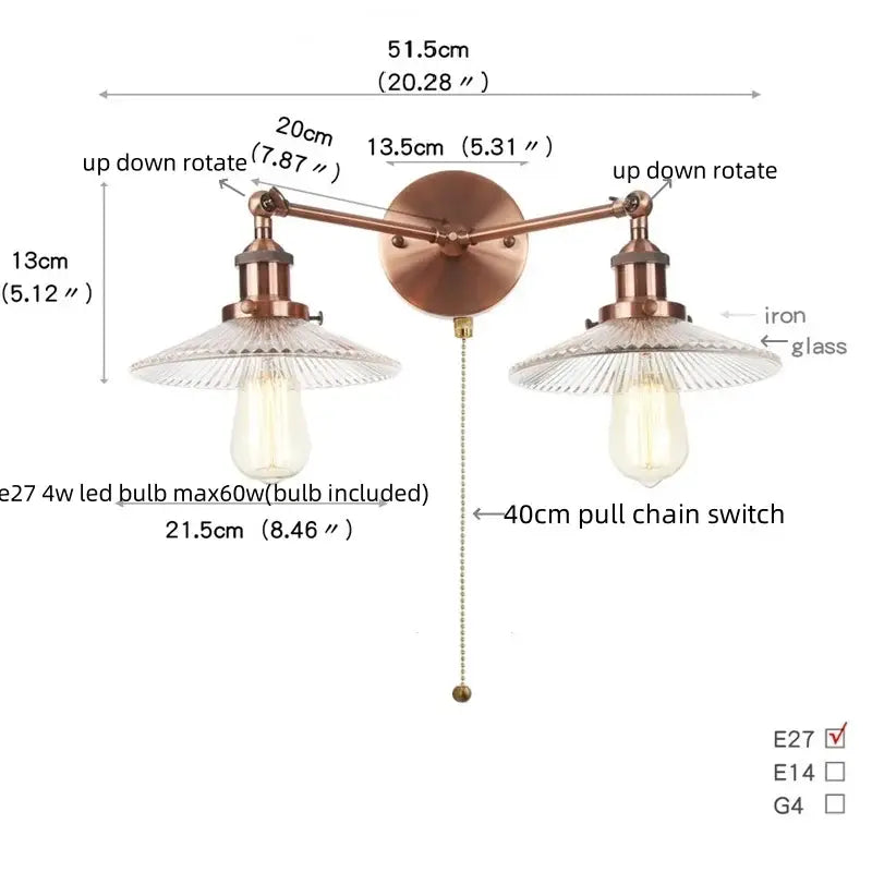 Vintage loft brass wall lamp with ribbed glass for bedroom