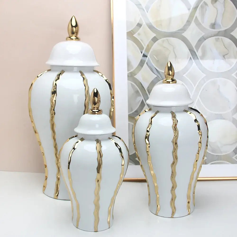 Vintage porcelain white & gold pot with lid living room vase