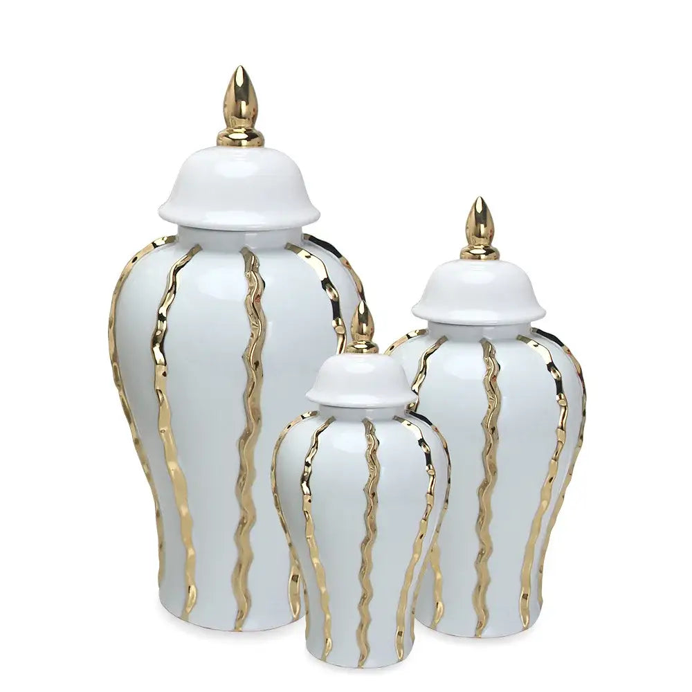 Vintage porcelain white & gold pot with lid living room vase
