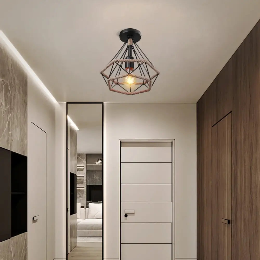 Vintage rattan and handmade hemp rope ceiling light dining room chandelier
