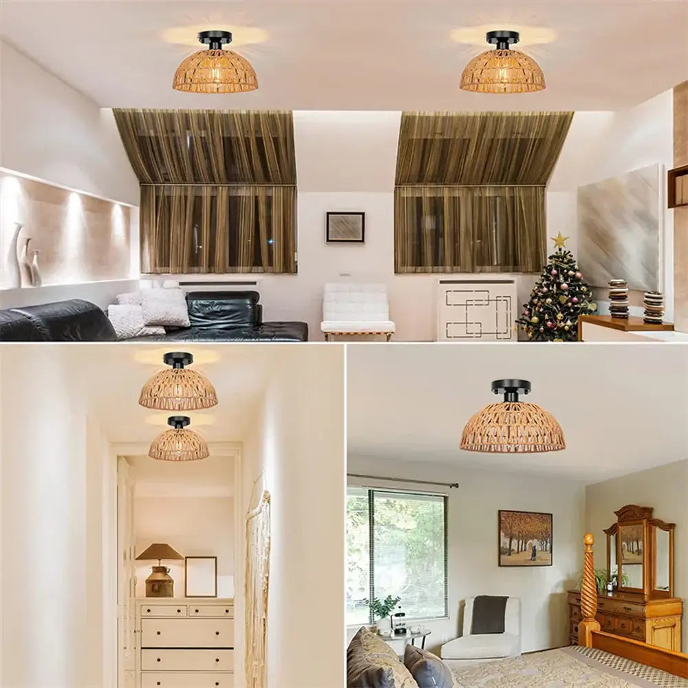 Vintage rattan and handmade hemp rope ceiling light dining room chandelier
