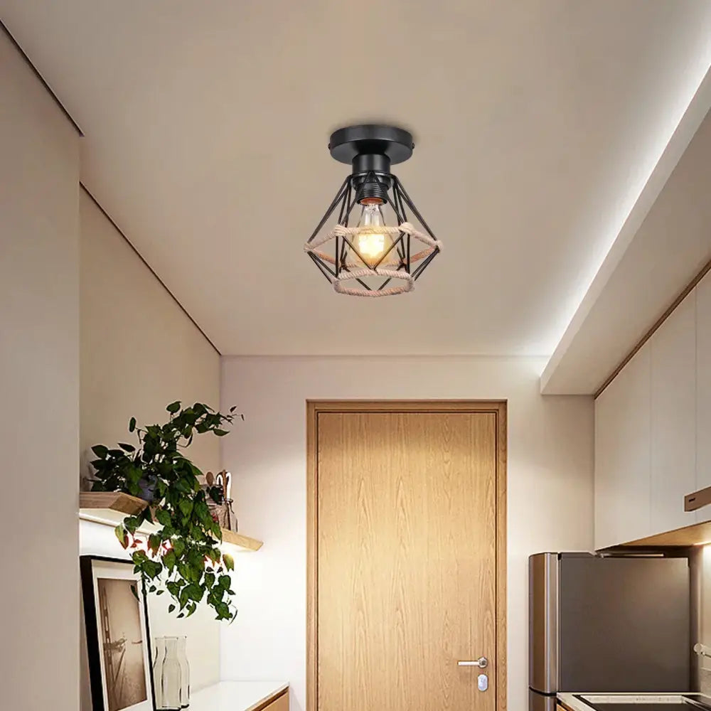Vintage rattan and handmade hemp rope ceiling light dining room chandelier