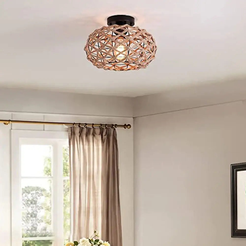 Vintage rattan and handmade hemp rope ceiling light dining room chandelier