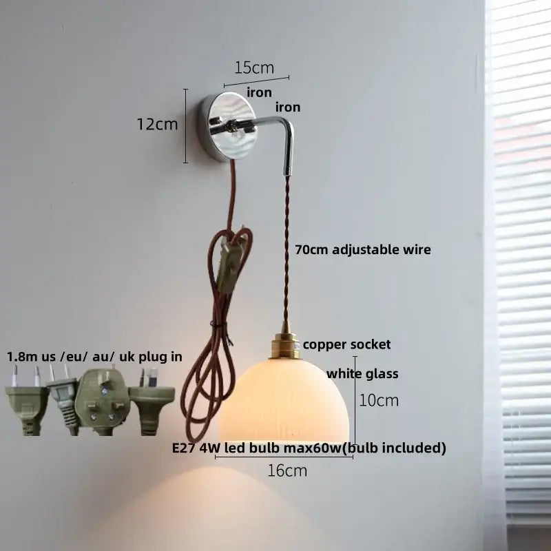 Vintage ribbed opal glass wall lamp bedroom ceramic canopy led