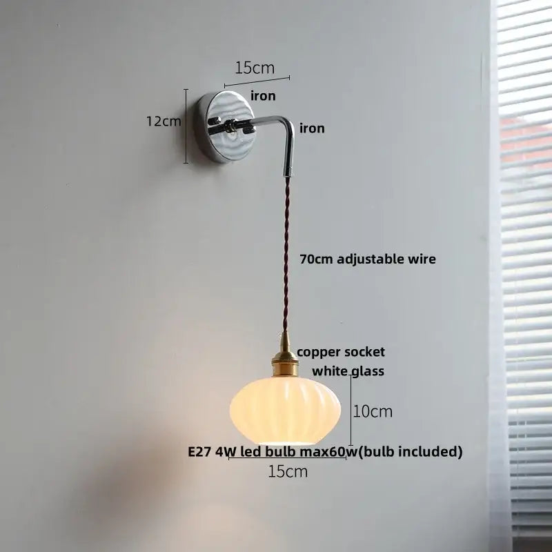 Vintage ribbed opal glass wall lamp bedroom ceramic canopy led