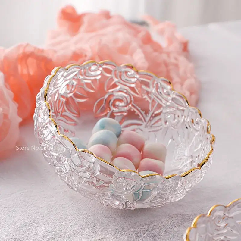 Vintage rose etched glass salad bowl with gold rim dining room