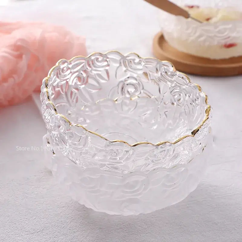 Vintage rose etched glass salad bowl with gold rim dining room