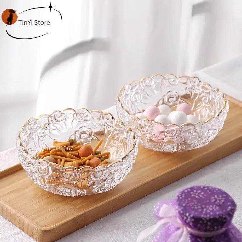 Vintage rose etched glass salad bowl with gold rim dining room