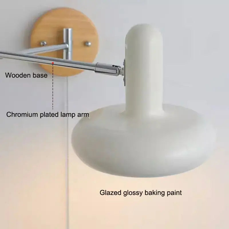 Vintage white ceramic and wood rocker arm wall lamp bedroom light