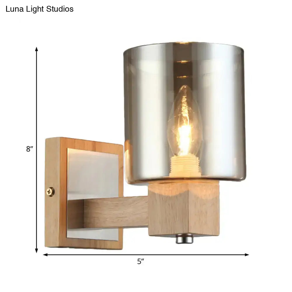 Vintage wood and smoke glass shade wall lamp – bedroom sconce