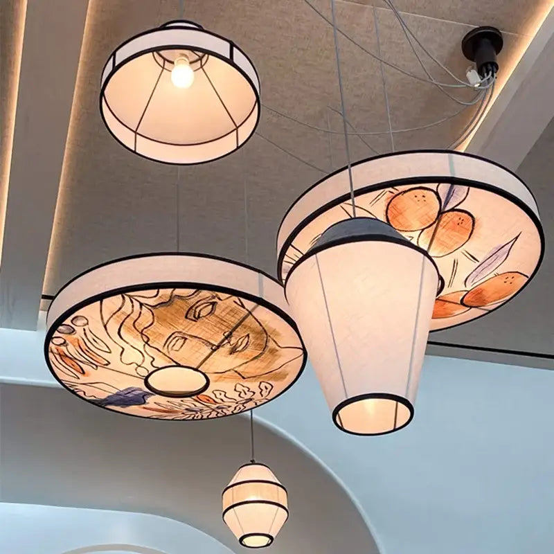 Wabi sabi illustrated fabric pendant lamp for dining room