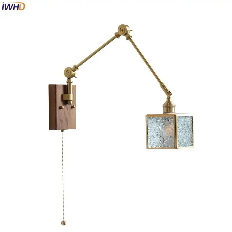 Walnut and brass cube glass led wall sconce bedroom mirror light