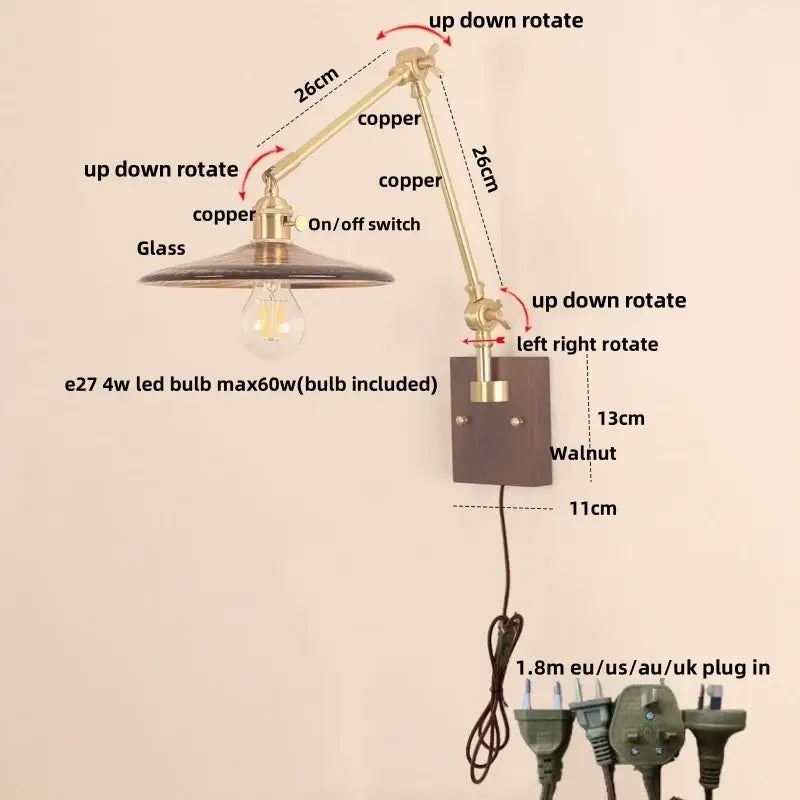 Walnut and brass cube glass led wall sconce bedroom mirror light