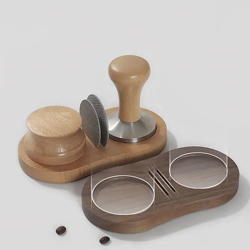 Walnut & oak wooden tamping station kitchen espresso tamper base