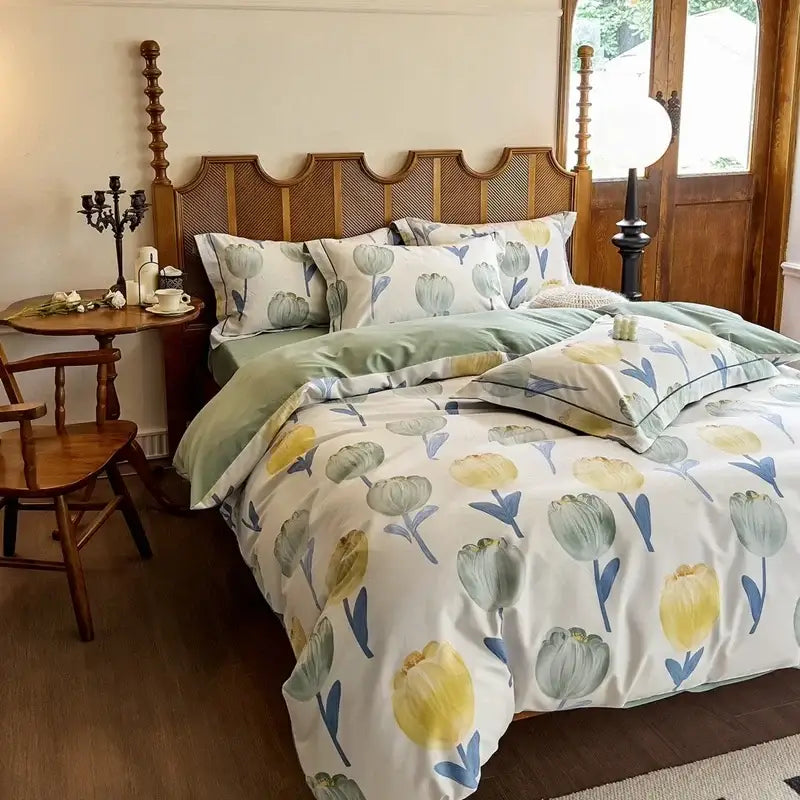 Watercolor yellow & green tulip cotton bedding set bedroom duvet cover