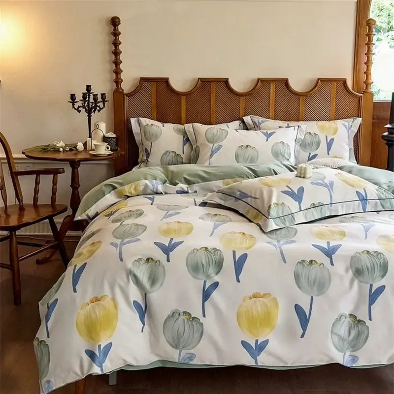 Watercolor yellow & green tulip cotton bedding set bedroom duvet cover