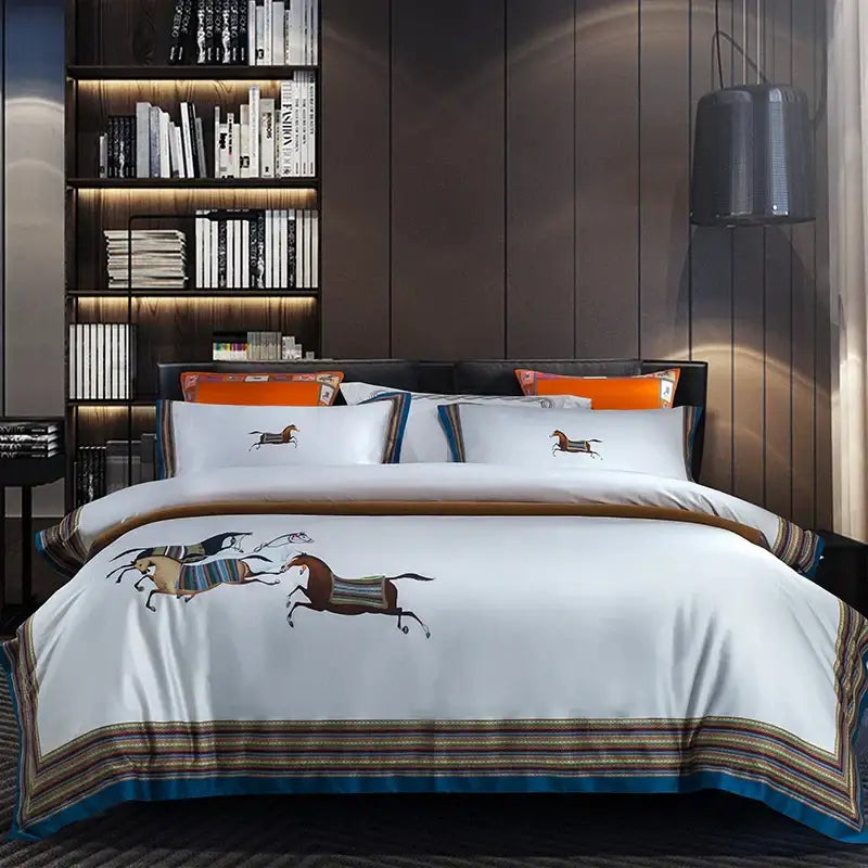 White and brown galloping horse luxury bedding set bedroom decor