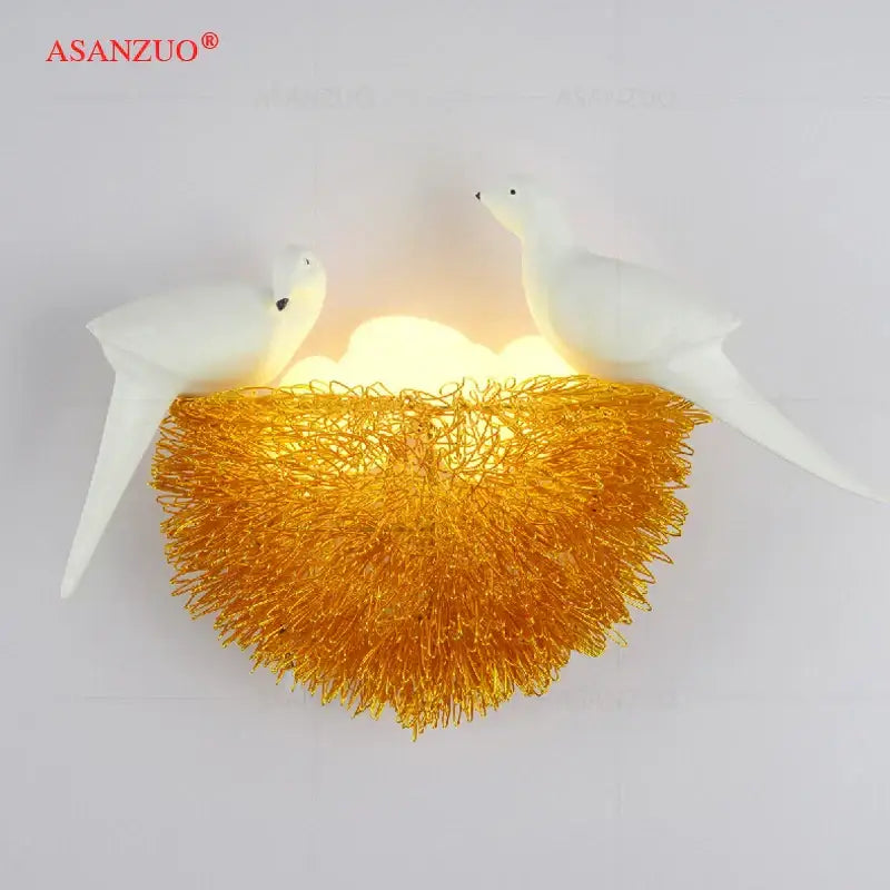 White and gold ceramic birds nest wall lamp for children room