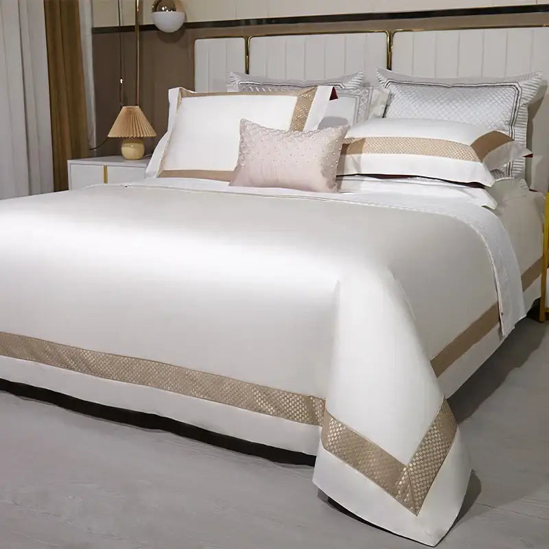 White and gold egyptian cotton bedding set with gold embroidery bedroom