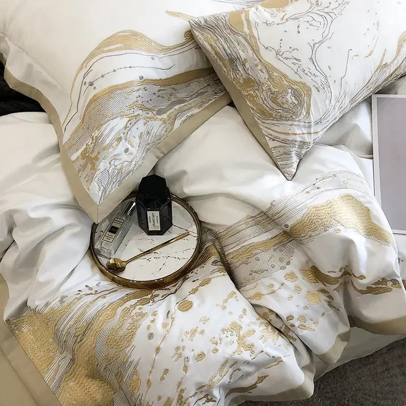 White and gold marble egyptian cotton luxury bedding set bedroom