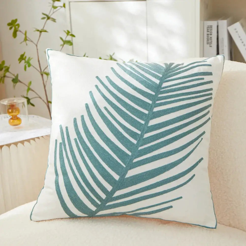 White and olive green embroidered leaf pillow cover living room
