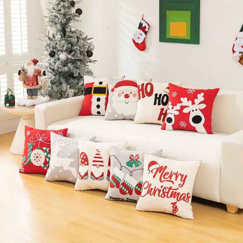 White and red embroidered christmas pillow cases living room decor