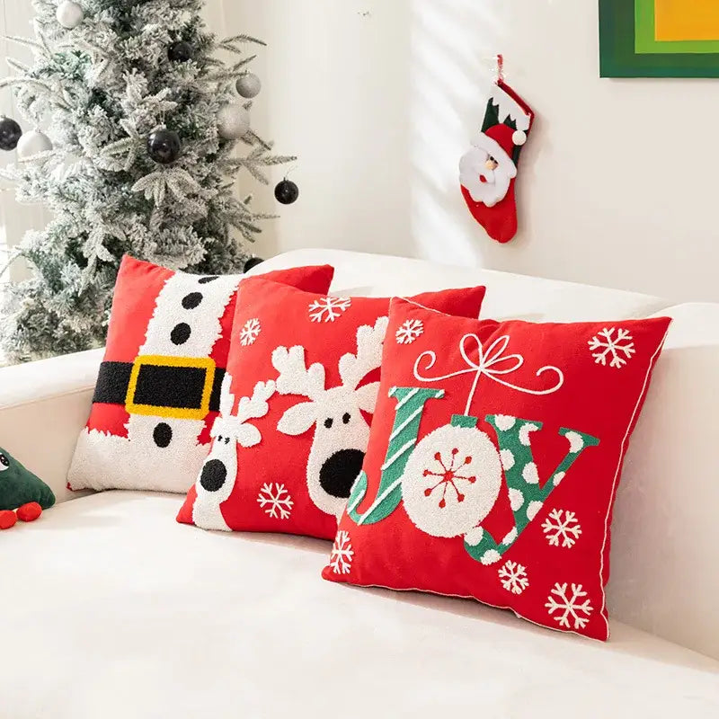 White and red embroidered christmas pillow cases living room decor