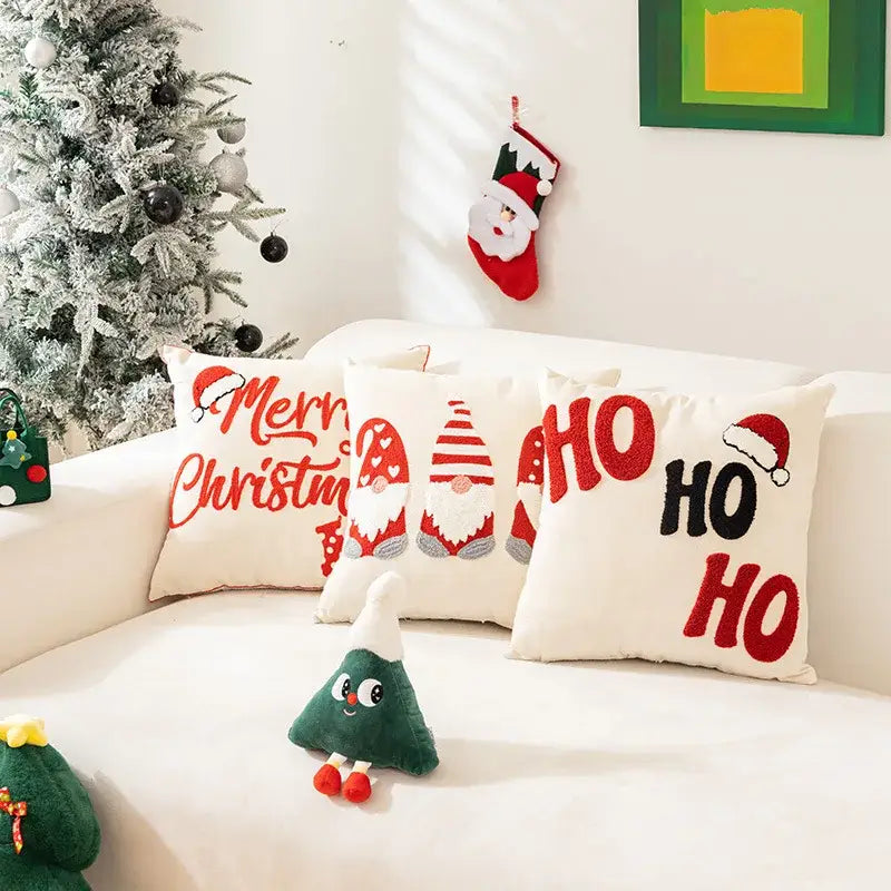 White and red embroidered christmas pillow cases living room decor