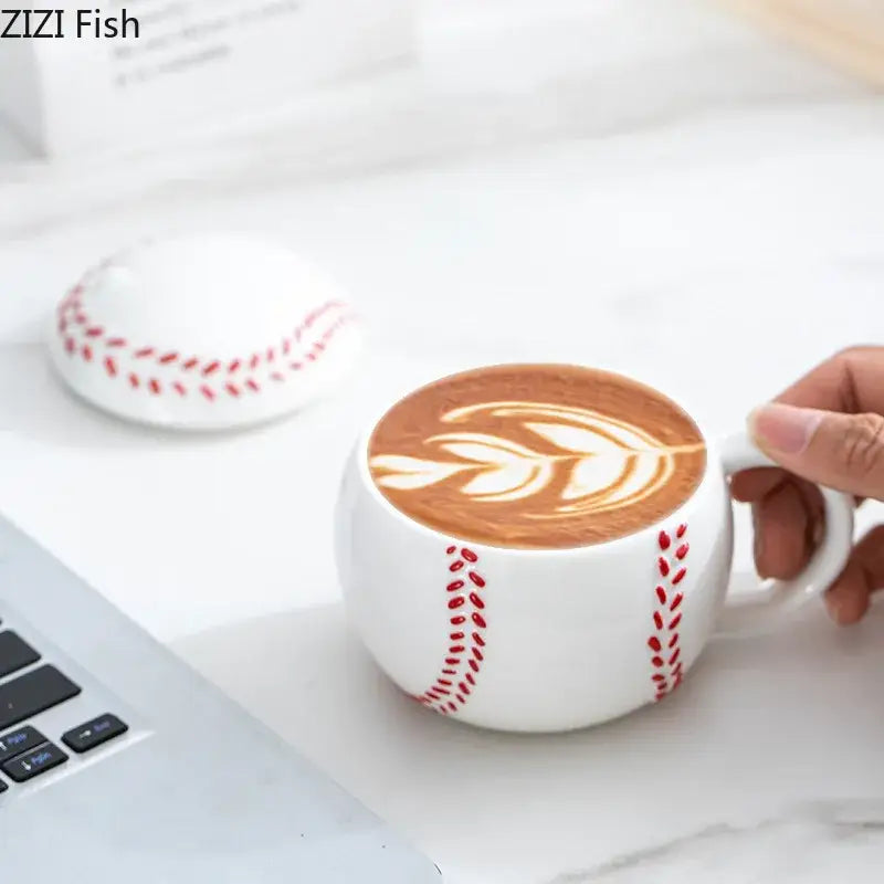 White ceramic baseball shape ceramic mug with lid kitchen cup