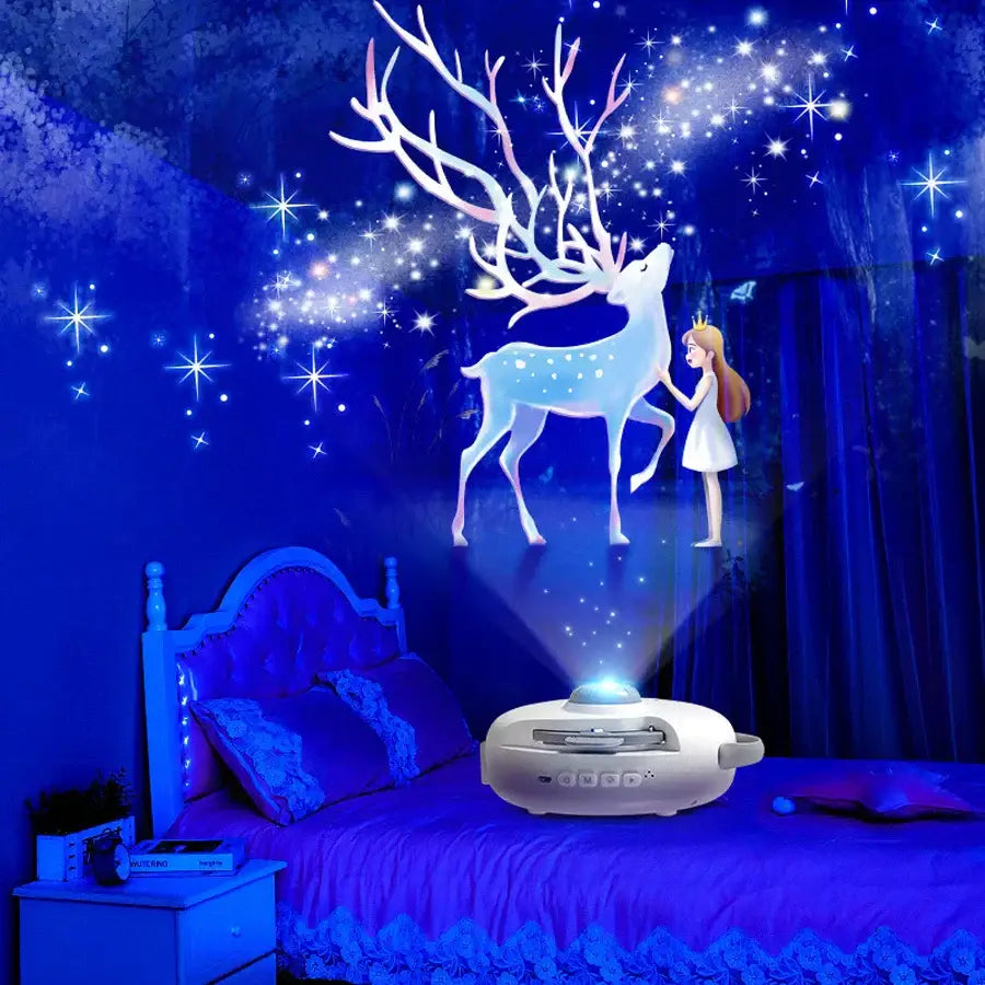 White circular starry night light projector bedroom deer decor