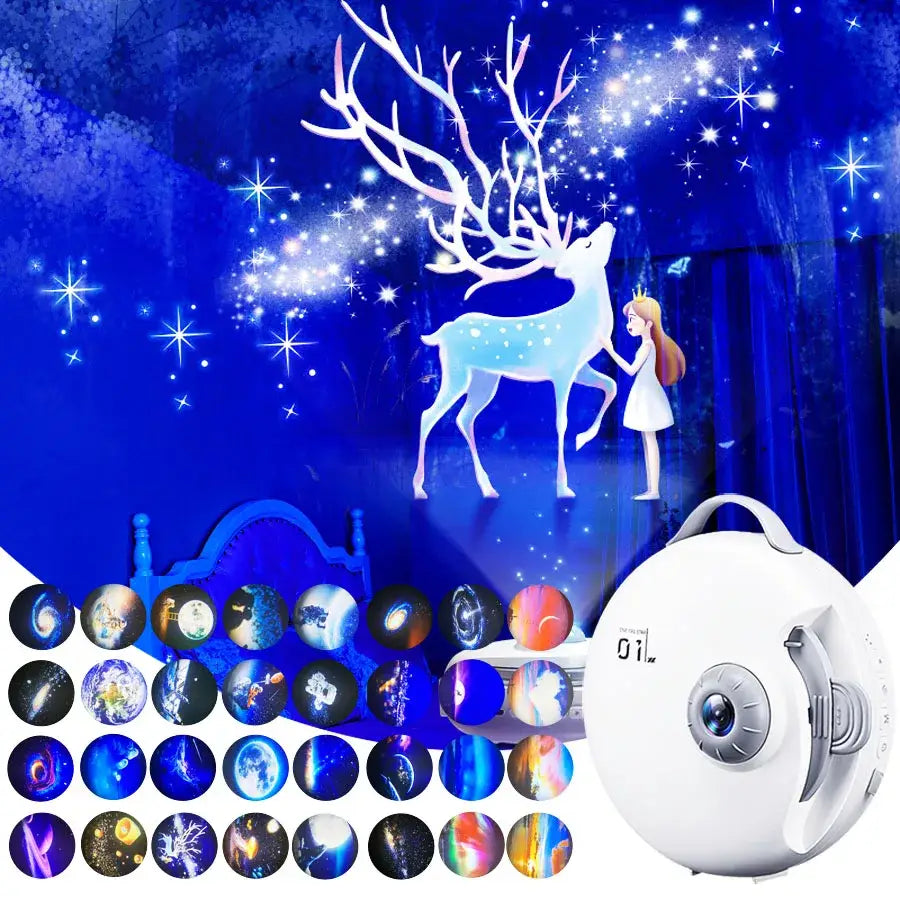 White circular starry night light projector bedroom deer decor