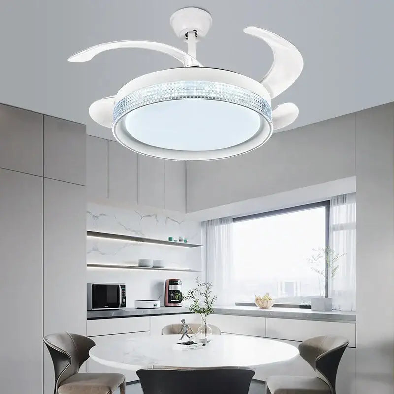 White crystal invisible chandelier led ceiling fan living room