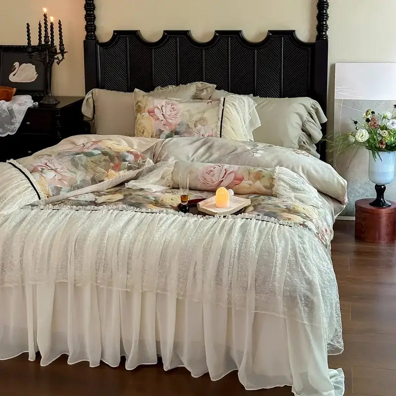 White double lace ruffles egyptian cotton bedding set bedroom
