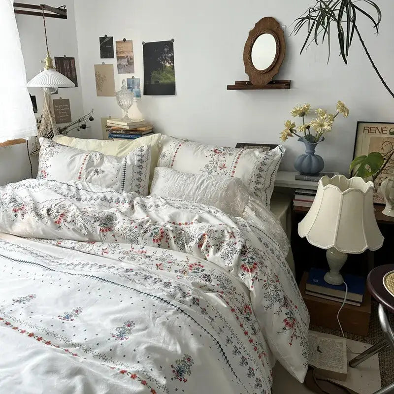 White floral embroidered cotton duvet cover set bedroom bedding