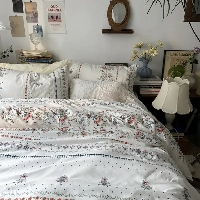 White floral embroidered cotton duvet cover set bedroom bedding