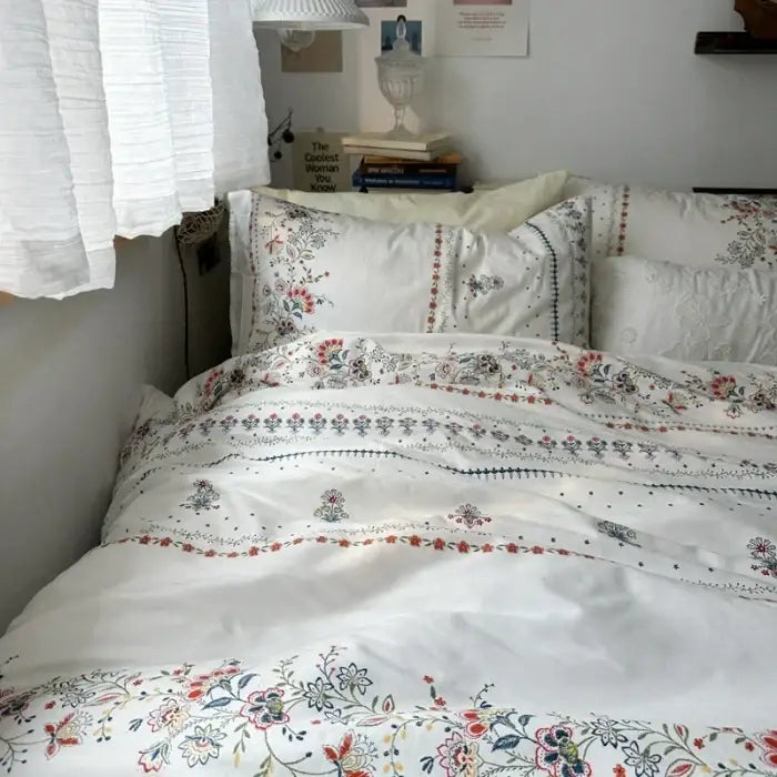 White floral embroidered cotton duvet cover set bedroom bedding