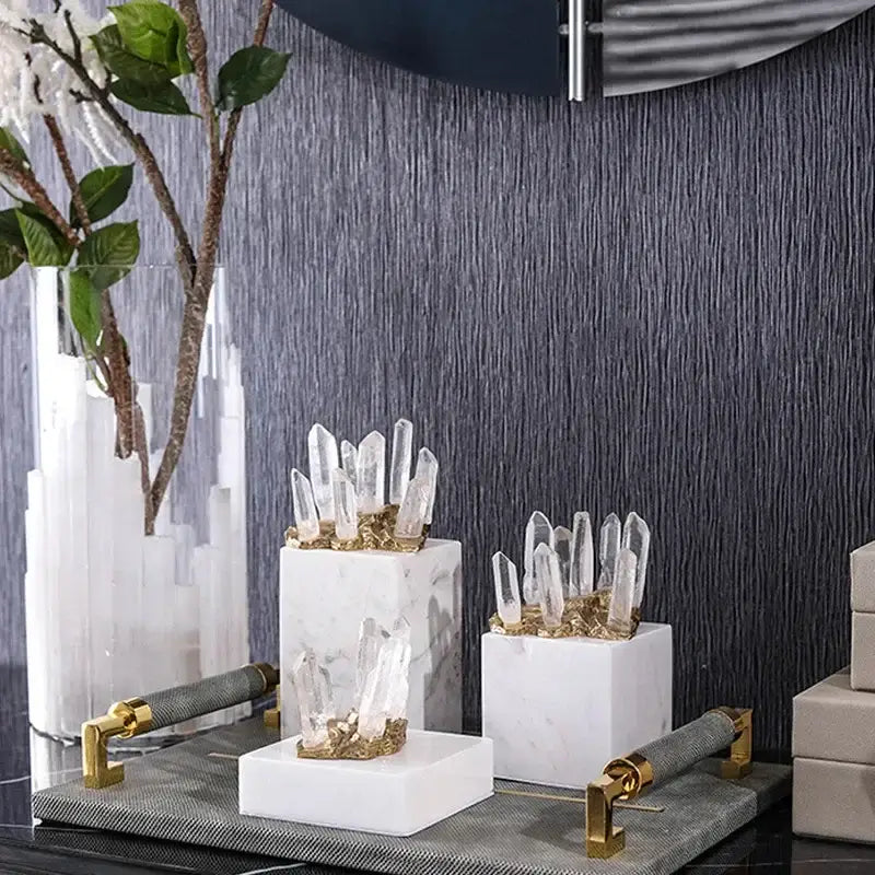 White quartz crystal stone marble ornament set living room decor